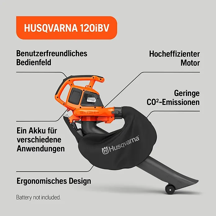 Husqvarna Akku-Laubsauger & -Laubbläser 120iBV - Ohne Akku, Blasgeschwindigkeit: 172 km/h - Oranger und schwarzer Husqvarna 120iBV Laubbläser/-sauger mit Fangbeutel, ergonomisch geformt und akkubetrieben.