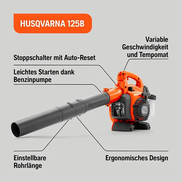 Husqvarna Benzin-Laubbläser 125B - Blasgeschwindigkeit: 200 km/h - Orange-dunkelgrauer Husqvarna 125B Benzin-Laubbläser mit langem Rohr.