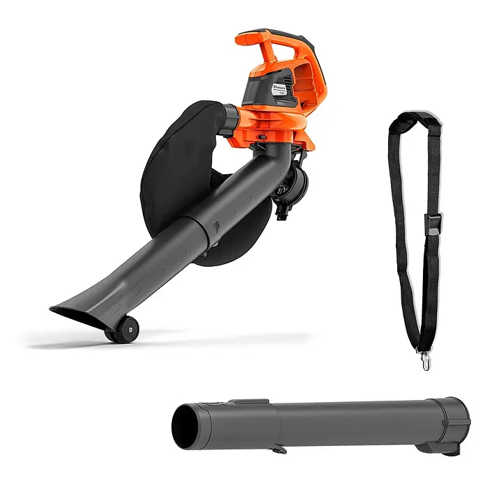 Husqvarna Akku-Laubsauger & -Laubbläser 120iBV - Ohne Akku, Blasgeschwindigkeit: 172 km/h - Oranges und schwarzes Husqvarna Elektro-Laubbläser/-sauger-Set mit Fangsack, Verlängerungsrohr und Schultergurt.