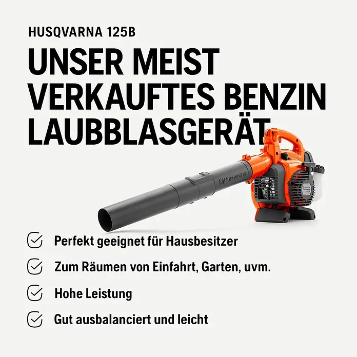 Husqvarna Benzin-Laubbläser 125B - Blasgeschwindigkeit: 200 km/h - Oranges und schwarzes Husqvarna 125B Benzin-Laubblasgerät.