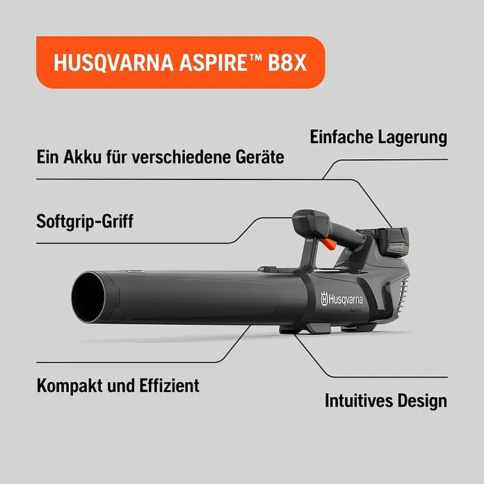 Husqvarna Akku-Laubbläser Aspire B8X-P4A - 1 Akku, Blasgeschwindigkeit: 144 km/h, Blasleistung: 10 m³/min - Dunkelgraues Husqvarna Aspire B8X Akku-Laubgebläse mit orangefarbenem Abzug, das kompaktes Design, Softgrip und integrierten Akku hervorhebt.