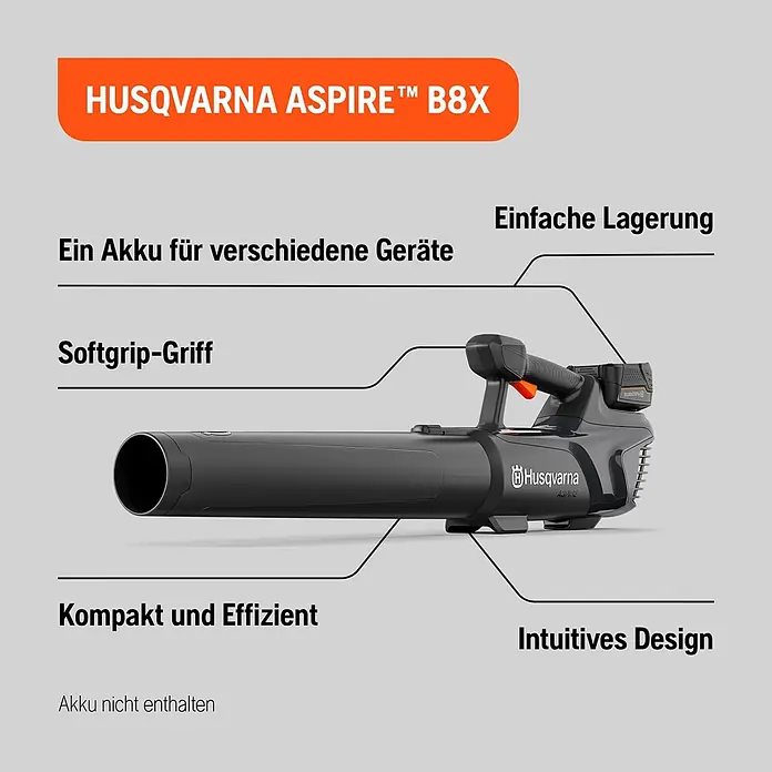 Husqvarna Akku-Laubbläser Aspire B8X-P4A - Ohne Akku, Blasgeschwindigkeit: 144 km/h, Blasleistung: 10 m³/min - Ein schwarzer und dunkelgrauer Husqvarna B8X Laubbläser mit Softgrip-Griff und sichtbarem Akkufach.