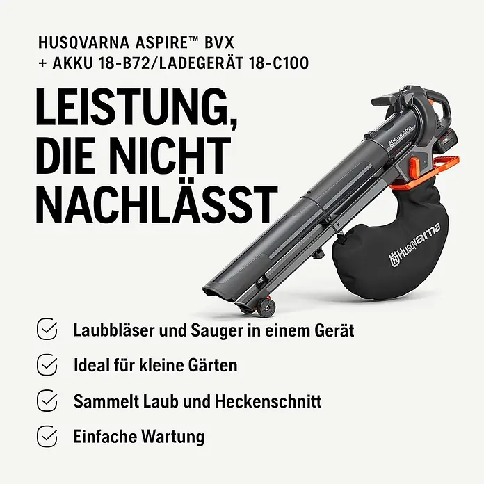 Husqvarna Akku-Laubsauger & -Laubbläser Aspire BVX-P4A - Ohne Akku, Blasgeschwindigkeit: 216 km/h - Husqvarna Aspire BVX Laubbläser/Sauger in Grau und Schwarz mit orangefarbenen Akzenten und Fangsack.