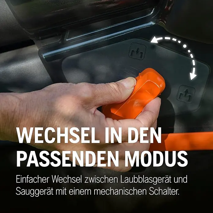 Husqvarna Akku-Laubsauger & -Laubbläser Aspire BVX-P4A - Ohne Akku, Blasgeschwindigkeit: 216 km/h - Eine Hand bedient einen orangefarbenen mechanischen Schalter an einem dunklen Gerät, um einfach zwischen Laubbläser- und Saugmodus zu wechseln.