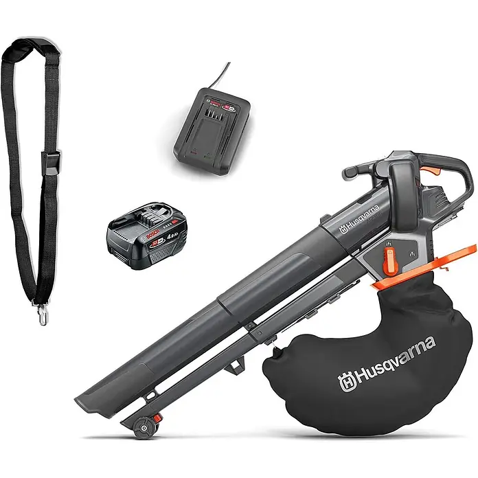 Husqvarna Akku-Laubsauger & -Laubbläser Aspire BVX-P4A - 1 Akku, Blasgeschwindigkeit: 216 km/h - Husqvarna Akku-Laubbläser/-sauger mit Fangbeutel, Bosch Akku, Ladegerät und Gurt.