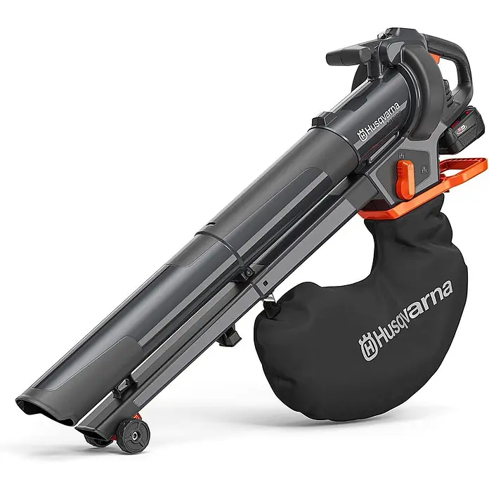 Husqvarna Akku-Laubsauger & -Laubbläser Aspire BVX-P4A - Ohne Akku, Blasgeschwindigkeit: 216 km/h - Husqvarna grau-orange Akku-Laubbläser/-sauger mit Fangsack und Vorderrädern.