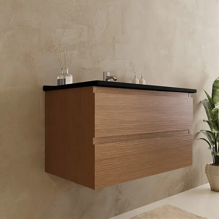 LOMAZOO Badmöbel-Set LM-MAR-WE-WZ-80 - Gesamtbreite Badmöbel: 80 cm, Warme Eiche - Wandmontierter Waschtisch aus Holz mit schwarzer Arbeitsplatte und Armatur im modernen Bad.