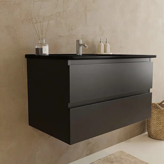 LOMAZOO Badmöbel-Set LM-MAR-MZ-WZ-80 - Gesamtbreite Badmöbel: 80 cm, Mattschwarz - Schwarzer wandmontierter Badschrank mit zwei Schubladen und integriertem Waschbecken in einem modernen Bad.