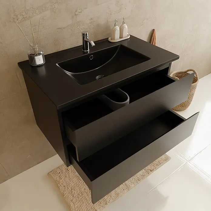 LOMAZOO Badmöbel-Set LM-MAR-MZ-WZ-80 - Gesamtbreite Badmöbel: 80 cm, Mattschwarz - Schwarzer Badezimmerschrank mit integriertem Waschbecken und zwei offenen Schubladen, modernes Design.