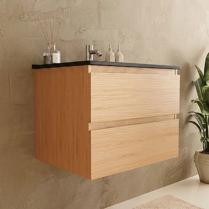 LOMAZOO Badezimmermöbel Eiche Hell 60 cm [MARENZA] - Waschtischunterschränke - Schwarzes Waschbecken - Keramikwaschbecken - Schwebender Waschtischunterschrank -  - Wandhängender Waschtisch aus hellem Holz mit dunkler Arbeitsplatte und zwei Schubladen.