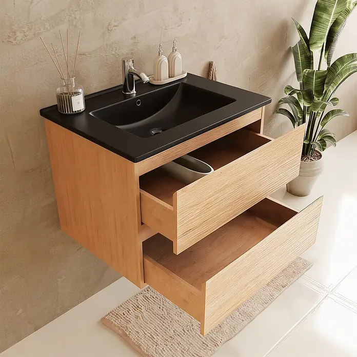 LOMAZOO Badezimmermöbel Eiche Hell 60 cm [MARENZA] - Waschtischunterschränke - Schwarzes Waschbecken - Keramikwaschbecken - Schwebender Waschtischunterschrank -  - Wandmontierter Waschtisch aus hellem Holz mit schwarzem Waschbecken und Arbeitsplatte, mit zwei offenen Schubladen, in einem modernen Bad.