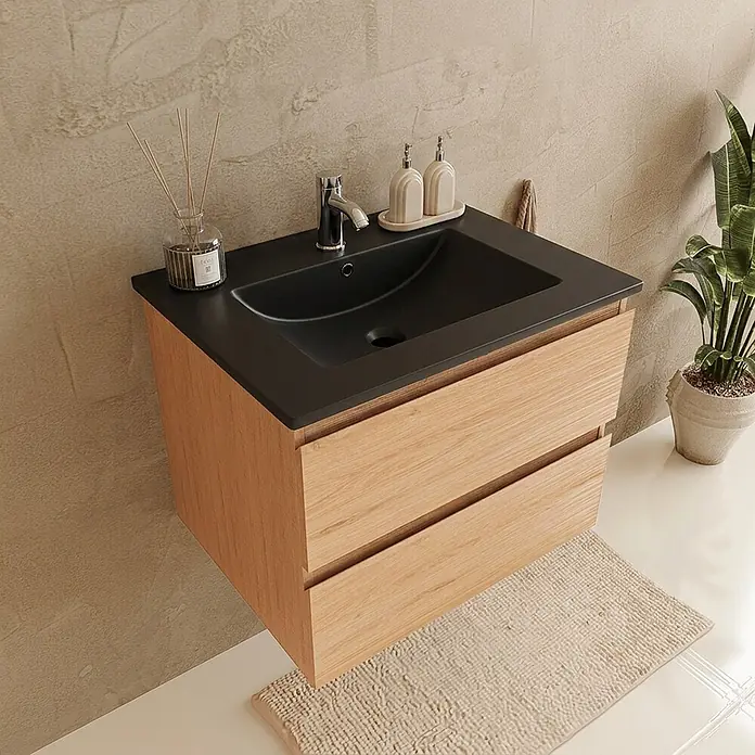 LOMAZOO Badezimmermöbel Eiche Hell 60 cm [MARENZA] - Waschtischunterschränke - Schwarzes Waschbecken - Keramikwaschbecken - Schwebender Waschtischunterschrank -  - Wandhängender Holzwaschtisch mit schwarzem Einbaubecken und zwei Schubladen in modernem Bad.