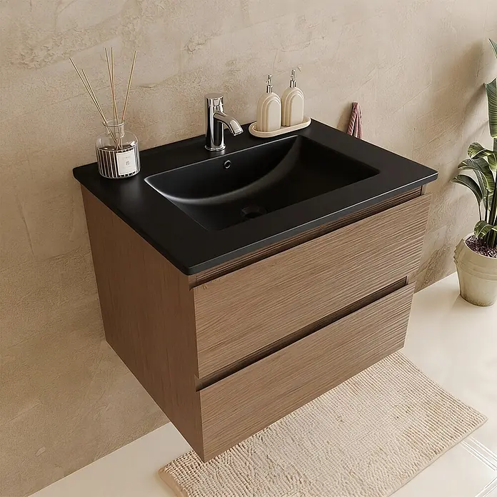 LOMAZOO Badmöbel-Set LM-MAR-WE-WZ-60 - Gesamtbreite Badmöbel: 60 cm, Warme Eiche - Wandmontierter Badezimmerschrank mit schwarzem integriertem Waschbecken und braunem Holz-Effekt-Schrank mit zwei Schubladen.