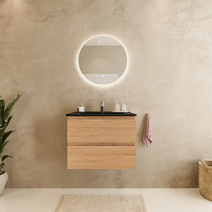 LOMAZOO Badezimmermöbel Eiche Hell 60 cm [MARENZA] - Waschtischunterschränke - Schwarzes Waschbecken - Keramikwaschbecken - Schwebender Waschtischunterschrank -  - Holz-Badwaschtisch mit schwarzer Arbeitsplatte und Waschbecken, unter beleuchtetem Spiegel.