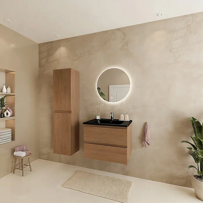 LOMAZOO Badmöbel-Set LM-MAR-WE-WZ-60 - Gesamtbreite Badmöbel: 60 cm, Warme Eiche - Modernes Bad mit schwebendem Waschtischunterschrank aus hellem Holz mit schwarzem Waschbecken und passendem Hochschrank.