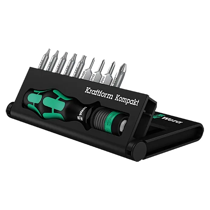 Wera Werkzeug-Set Kraftform Kompakt 11 Plus SB - 10 -tlg. - Bild eines Wera Kraftform Kompakt Werkzeugsatzes mit Schraubendreher und Bits in einer schwarzen Halterung.