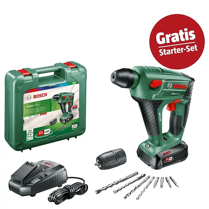 Bosch Power for All 18V Maschinenpaket - Akku-Bohrhammer Uneo Maxx (1 Akku) + gratis Starter-Kit - Grün-schwarzes Bosch Uneo Maxx Akku-Bohrhammer-Set mit Akku, Ladegerät, Bohrer und Bits. Ein Gratis Starter-Set mit Zubehör und Koffer.