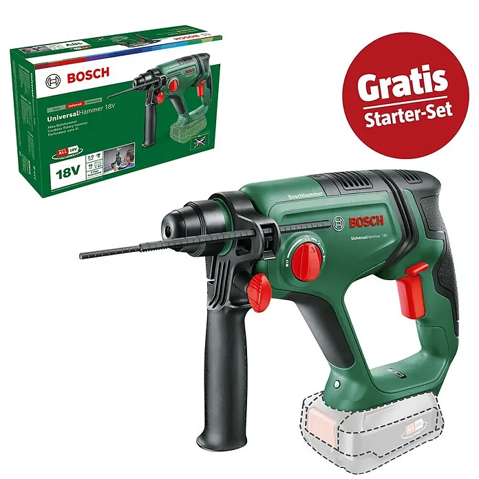 Bosch Power for All 18V Maschinenpaket - Akku-Kombihammer UniversalHammer 18V (Ohne Akku) + gratis Starter-Kit - Grüner und schwarzer Bosch UniversalHammer 18V Akku-Bohrhammer mit roten Akzenten, präsentiert mit Produktbox und „Gratis Starter-Set“ Etikett.