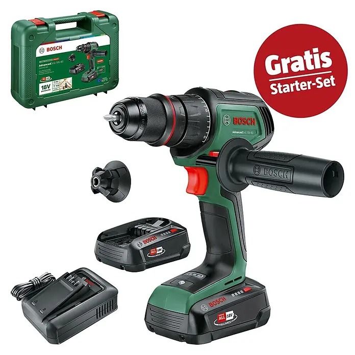 Bosch Power for All 18V Maschinenpaket - Akku-Bohrschrauber AdvancedDrill 18V-80 QuickSnap (2 Akkus) + gratis Starter-Kit - Bosch AdvancedDrill 18V-80 Akku-Bohrschrauber-Set Grün/Schwarz, zwei Akkus, Ladegerät, Aufsätzen, Koffer, inkl. 'Gratis Starter-Set' Promotion.