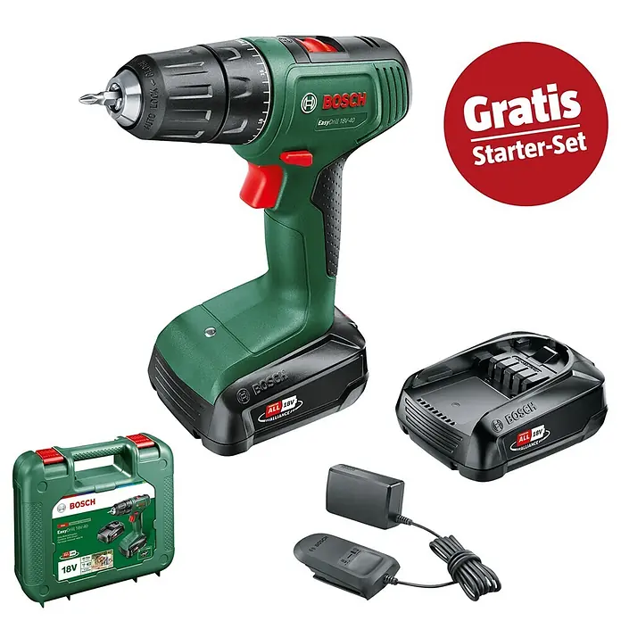 Bosch Power for All 18V Maschinenpaket - Akku-Bohrschrauber EasyDrill 18V-40 (2 Akkus 2 Ah) + gratis Starter-Kit - Grüner und schwarzer Bosch EasyDrill 18V-40 Akku-Bohrschrauber-Set mit Akku, Ladegerät und Koffer.