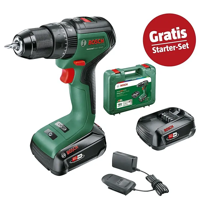 Bosch Power for All 18V Maschinenpaket - Akku-Bohrschrauber UniversalDrill 18V-60 (2 Akkus) + gratis Starter-Kit - Grün-schwarze Bosch Akku-Bohrmaschine mit zwei Akkus, Ladegerät und grünem Koffer, als Starter-Set angeboten.
