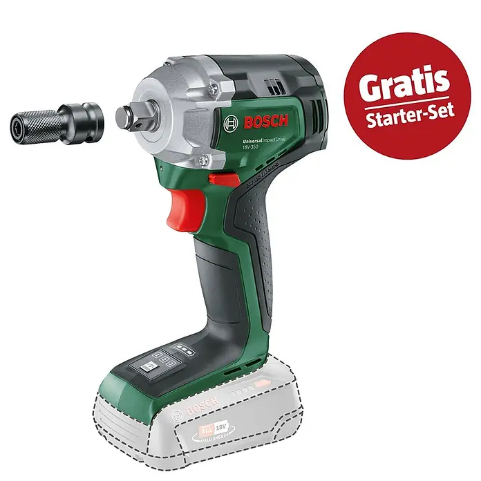 Bosch Power for All 18V Maschinenpaket - Akku-Drehschlagschrauber UniversalImpactDrive 18V-350 + gratis Starter-Kit - Bosch UniversalImpactDrive 18V Akku-Schlagschrauber in Grün/Schwarz, mit Adapter und "Gratis Starter-Set" Plakette.