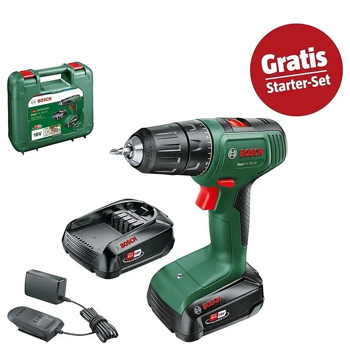 Bosch Power for All 18V Maschinenpaket - Akku-Bohrschrauber Easy Drill 18V-40 (2 Akkus 1,5 Ah) + gratis Starter-Kit - Grüner und schwarzer Bosch EasyDrill 18V-40 Akkubohrschrauber mit Akku, Ladegerät und Koffer. Inklusive Gratis Starter-Set.