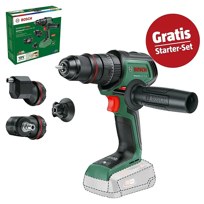 Bosch Power for All 18V Maschinenpaket - Akku-Schlagbohrschrauber Advanced Impact 18V-80 QuickSnap (Ohne Akku, 3 Aufsätze)+ gratis Starter-Kit - Grün-schwarzer Bosch AdvancedImpact 18V-80 Akku-Bohrschrauber mit Schnellwechselaufsätzen, Zusatzgriff und Gratis Starter-Set.