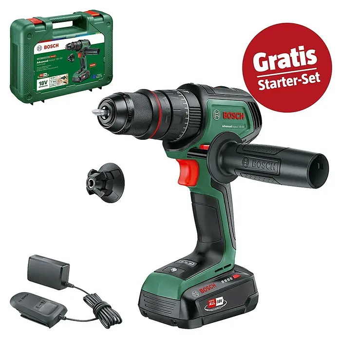 Bosch Power for All 18V Maschinenpaket - Akku-Schlagbohrschrauber AdvancedImpact 18V-80 QuickSnap (1 Akku) + gratis Starter-Kit - Grün-schwarzer Bosch AdvancedImpact 18V-80 Akku-Bohrschrauber, Akku, Ladegerät, Zusatzhandgriff und grüner Koffer im Starter-Set.