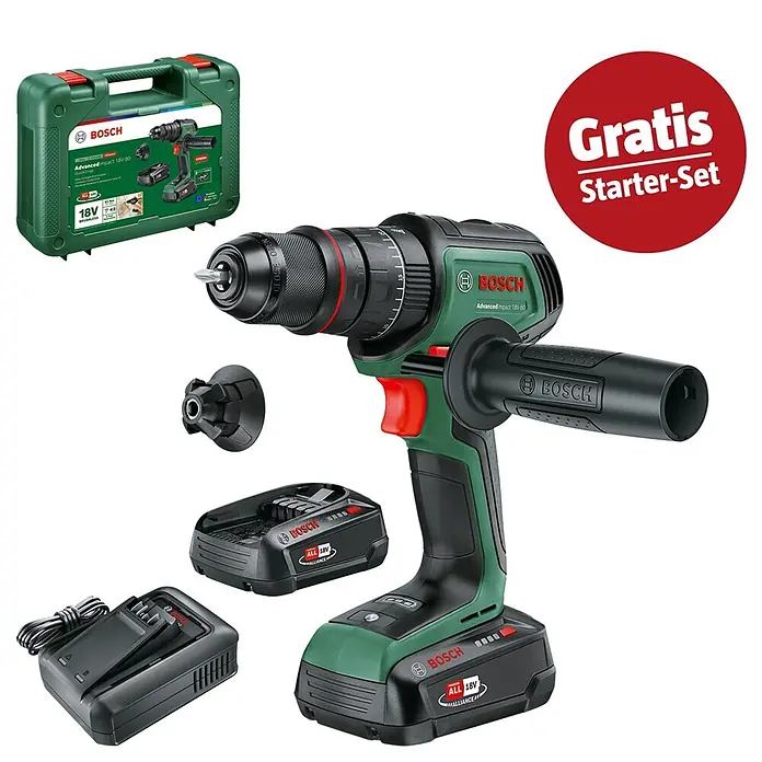 Bosch Power for All 18V Maschinenpaket - Akku-Schlagbohrschrauber AdvancedImpact 18V-80 QuickSnap (2 Akkus) + gratis Starter-Kit - Grünes und schwarzes Bosch AdvancedImpact 18V-80 Akku-Bohrschrauber-Set mit zwei Akkus, Ladegerät, Zusatzhandgriff und grünem Koffer. Inklusive Gratis Starter-Set.