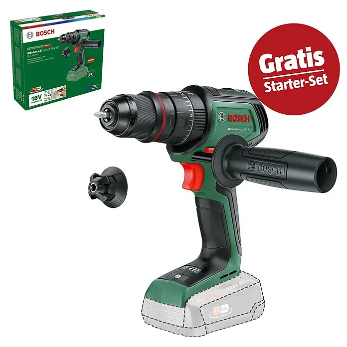 Bosch Power for All 18V Maschinenpaket - Akku-Schlagbohrschrauber AdvancedImpact 18V-80 QuickSnap (Ohne Akku) + gratis Starter-Kit - Grüne und schwarze Bosch Advanced Impact 18V-80 Akku-Schlagbohrschrauber mit Seitenhandgriff und QuickSnap-Bohrfutter, mit Gratis Starter-Set.