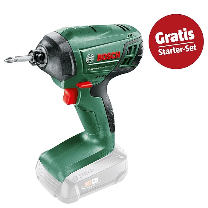 Bosch Power for All 18V Maschinenpaket - Akku-Schlagbohrschrauber AdvancedImpactDrive 18 + gratis Starter-Kit - Grüner und schwarzer Bosch AdvancedImpactDrive 18 Akku-Schlagschrauber mit silbernem Bit und weißem 18V Akku, inklusive rotem "Gratis Starter-Set" Abzeichen.