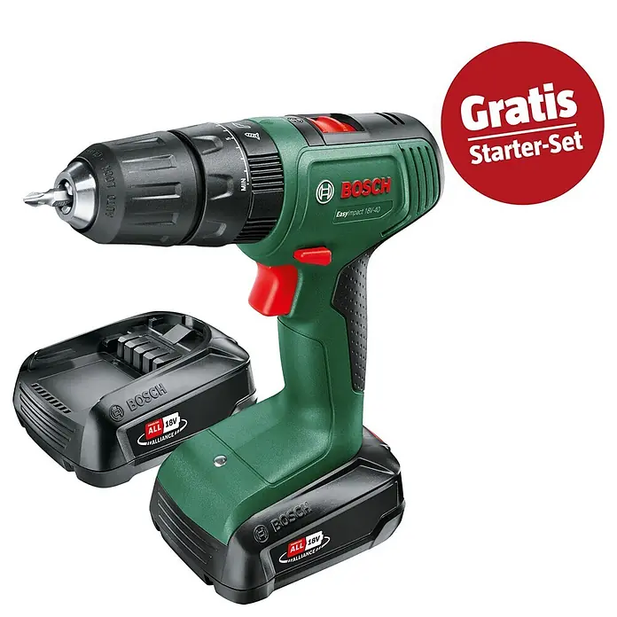 Bosch Power for All 18V Maschinenpaket - Akku-Schlagbohrschrauber EasyImpact 18V-40 (2 Akkus) + gratis Starter-Kit - Grün-schwarzer Bosch Akkuschrauber EasyImpact 18V-40 mit Akku und rotem Kreisbanner 'Gratis Starter-Set'.