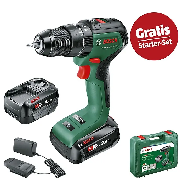 Bosch Power for All 18V Maschinenpaket - Akku-Schlagbohrschrauber UniversalImpact 18V-60 (2 Akkus, 2-4 Ah)+ gratis Starter-Kit - Ein grüner und schwarzer Bosch UniversalImpact 18V-60 Akkuschrauber mit zwei Akkus, Ladegerät und grünem Tragekoffer als Gratis Starter-Set.