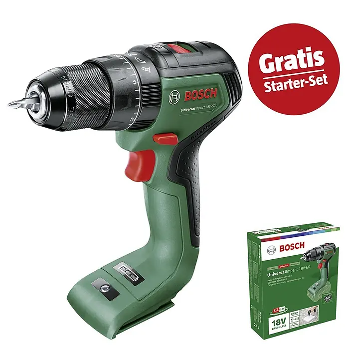 Bosch Power for All 18V Maschinenpaket - Akku-Schlagbohrschrauber UniversalImpact 18V-60 (Ohne Akku) + gratis Starter-Kit - Grüne und schwarze Bosch UniversalImpact 18V-60 Akku-Bohrmaschine mit Verpackung und „Gratis Starter-Set“ Angebot.