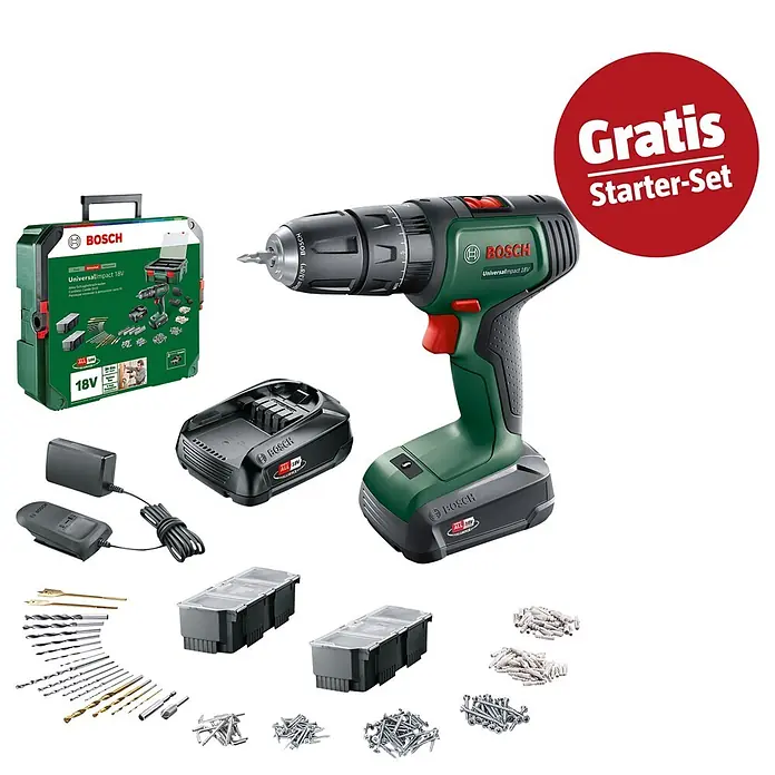 Bosch Power for All 18V Maschinenpaket - Akkuschrauber UniversalImpact 18V + gratis Starter-Kit - Grün-schwarzer Bosch UniversalImpact 18V Akku-Bohrschrauber mit Akku, Ladegerät, Koffer, Bohrern, Schrauben, Dübeln und "Gratis Starter-Set".