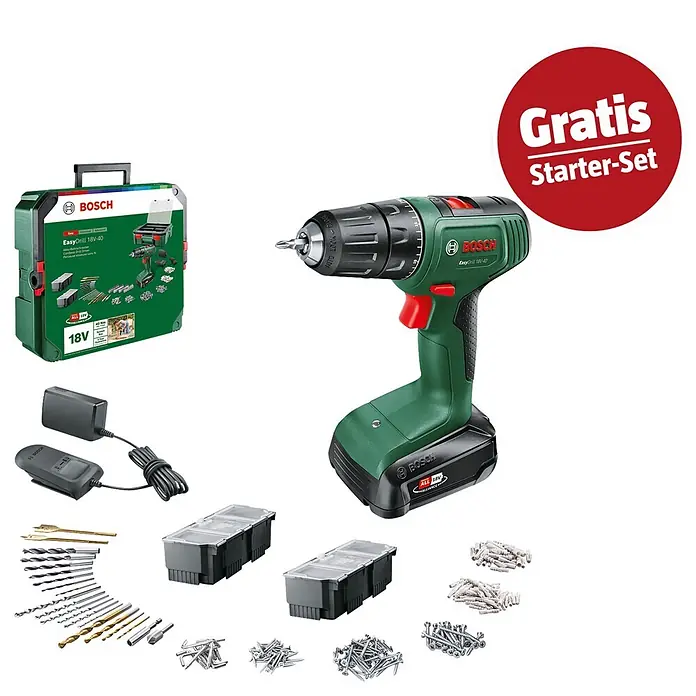 Bosch Power for All 18V Maschinenpaket - Akku-Bohrschrauber EasyDrill 18V-40 (1 Akku 1,5 Ah) + gratis Starter-Kit - Grüne und schwarze Bosch EasyDrill 18V-40 Akku-Bohrmaschine mit Ladegerät, Koffer, Bohrern, Schrauben und Dübeln. Inklusive 'Gratis Starter-Set'.