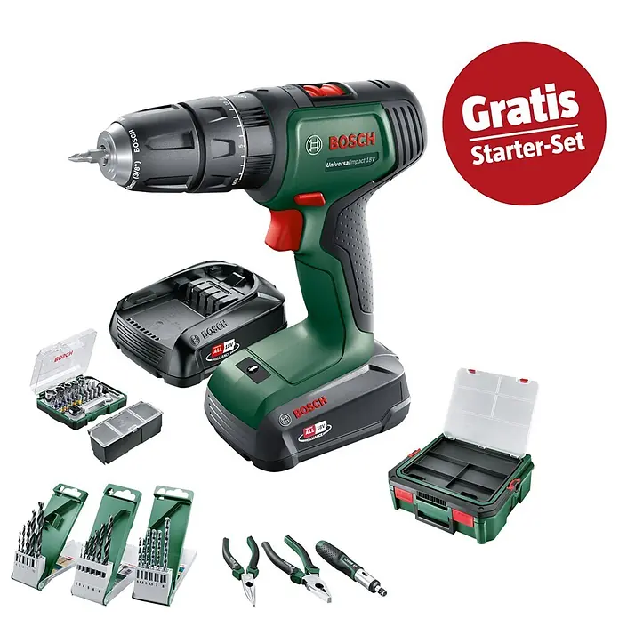 Bosch Power for All 18V Maschinenpaket - Akku-Schlagbohrschrauber Universal Impact 18V (2 Akkus, 1,5-2,5 Ah) + gratis Starter-Kit - Bosch UniversalImpact 18V Akku-Schlagbohrschrauber mit Akku, Ladegerät und gratis Starter-Set Zubehör wie Bits, Zangen und Boxen.