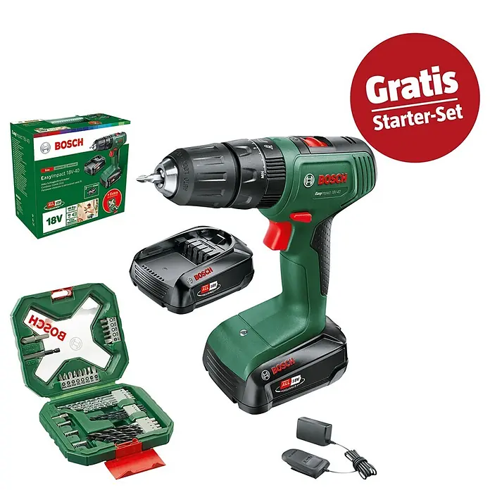 Bosch Power for All 18V Maschinenpaket - Akku-Schlagbohrschrauber Easy Impact 18V-40 (2 Akkus, Koffer) + gratis Starter-Kit - Bosch EasyImpact 18V-40 Akku-Bohrschrauber Starter-Set: grüne Bohrmaschine, Akku, Ladegerät und Bit-Set.