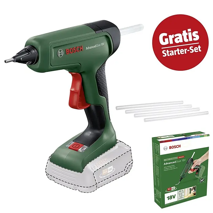 Bosch Power for All 18V Maschinenpaket - Akku-Heißklebepistole AdvancedGlue 18V + gratis Starter-Kit - Grüne und schwarze Bosch AdvancedGlue 18V Akku-Heißklebepistole mit rotem Abzug, Produktbox, Klebestiften und „Gratis Starter-Set“ Emblem.