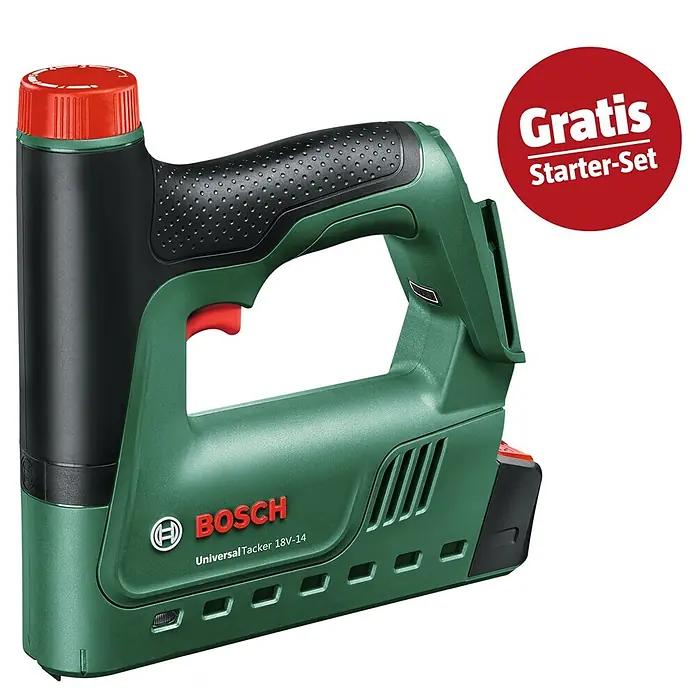 Bosch Power for All 18V Maschinenpaket - Akku-Tacker UniversalTacker 18V-14 + gratis Starter-Kit - Ein grüner und schwarzer Bosch UniversalTacker 18V-14 Akku-Tacker mit roten Akzenten. Enthält ein "Gratis Starter-Set" Zeichen.
