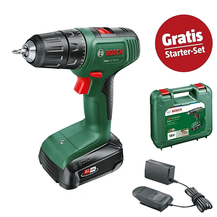 Bosch Power for All 18V Maschinenpaket - Akku-Bohrschrauber EasyDrill 18V-40 (1 Akku 2 Ah) + gratis Starter-Kit - Grüne und schwarze Bosch EasyDrill 18V-40 Akkubohrmaschine mit Akku, Ladegerät und Koffer, beworben mit einem Gratis Starter-Set.