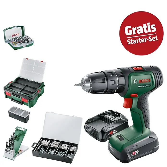 Bosch Power for All 18V Maschinenpaket - Akku-Schlagbohrschrauber UniversalImpact 18V (2 Akkus, 1,5 Ah) + gratis Starter-Kit - Grüner Bosch Akkubohrschrauber mit Akku, Ladegerät und Zubehörsets (Bohrer, Bits, Schrauben, Aufbewahrungsbox). Gratis Starter-Set.