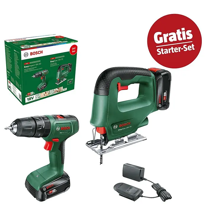 Bosch Power for All 18V Maschinenpaket - Maschinen-Set 2-Tool-Kit EasyImpact + EasySaw + gratis Starter-Kit - Grün-schwarzes Bosch Akku-Bohrschrauber- und Stichsägen-Set mit Ladegerät, Produktbox und „Gratis Starter-Set“-Hinweis.