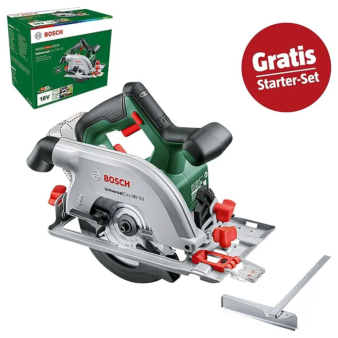 Bosch Power for All 18V Maschinenpaket - Akku-Handkreissäge UniversalCirc 18V-53 (ohne Akku) + gratis Starter-Kit - Grüne und graue Bosch UniversalCirc 18V-53 Akku-Handkreissäge mit Verpackung, Parallelanschlag und "Gratis Starter-Set".