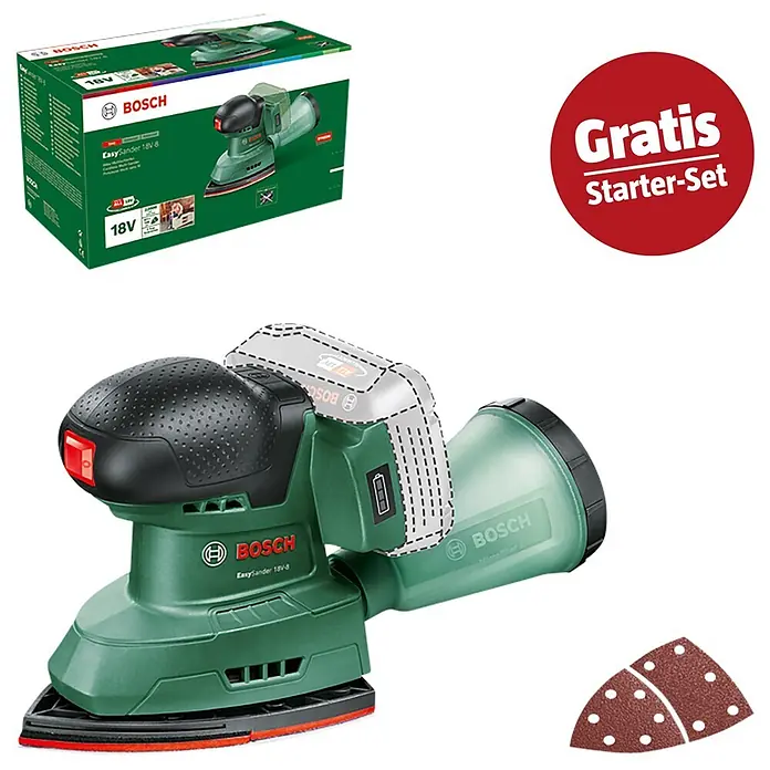 Bosch Power for All 18V Maschinenpaket - Akku-Deltaschleifer EasySander 18V-8 + gratis Starter-Kit - Grün-schwarzer Bosch 18V Akku-Multischleifer mit Staubbox, Akku-Umriss, Produktbox und Schleifblättern.