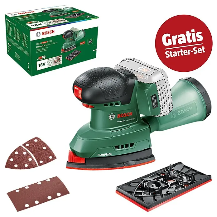 Bosch Power for All 18V Maschinenpaket - Akku-Deltaschleifer Universal Sander 18V-10 + gratis Starter-Kit - Grüner und schwarzer Bosch 18V Universalschleifer mit Staubbox, Schleifpads und FlexPlate, samt Verpackung und „Gratis Starter-Set“-Hinweis.