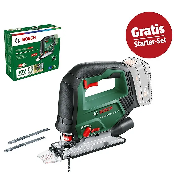 Bosch Power for All 18V Maschinenpaket - Akku-Stichsäge Advanced Saw 18V-140 + gratis Starter-Kit - Bosch AdvancedSaw 18V-140 Akku-Stichsäge in Grün und Schwarz, mit Verpackung, zwei Sägeblättern und einem „Gratis Starter-Set“-Abzeichen.