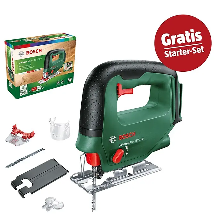Bosch Power for All 18V Maschinenpaket - Akku-Stichsäge UniversalSaw 18V-100 + gratis Starter-Kit - Grüne & schwarze Bosch UniversalSaw 18V-100 Akku-Stichsäge mit Sägeblatt, Zubehör und Verpackung, inklusive Gratis Starter-Set.