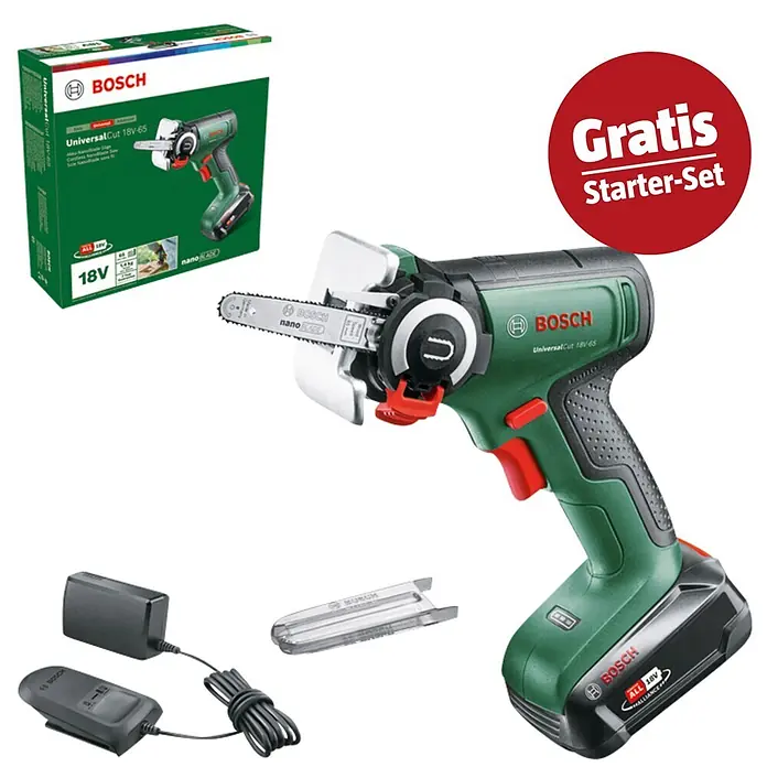 Bosch Power for All 18V Maschinenpaket - NanoBlade-Säge Universal Cut 18V-65 (1 Akku)+ gratis Starter-Kit - Grüne und schwarze Bosch UniversalCut 18V-65 Akkusäge mit Akku, Ladegerät, nanoBLADE und Verpackung, inkl. 'Gratis Starter-Set'.